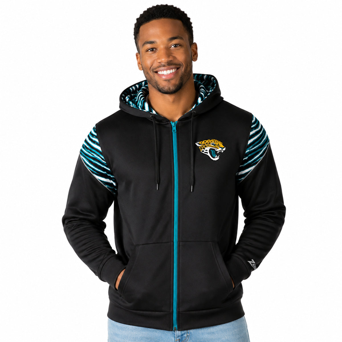 Zubaz NFL Jacksonville Jaguars Men's 3 Color Zebra Bands and Hood-Liner Play Action Full-Zip Hoodie