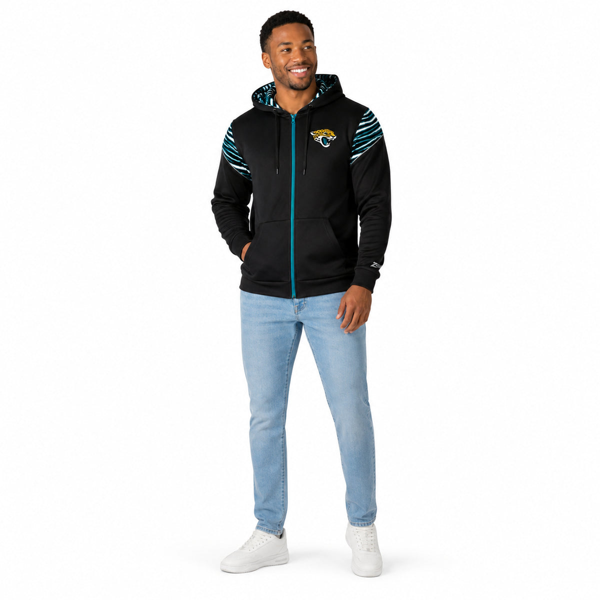 Zubaz NFL Jacksonville Jaguars Men's 3 Color Zebra Bands and Hood-Liner Play Action Full-Zip Hoodie