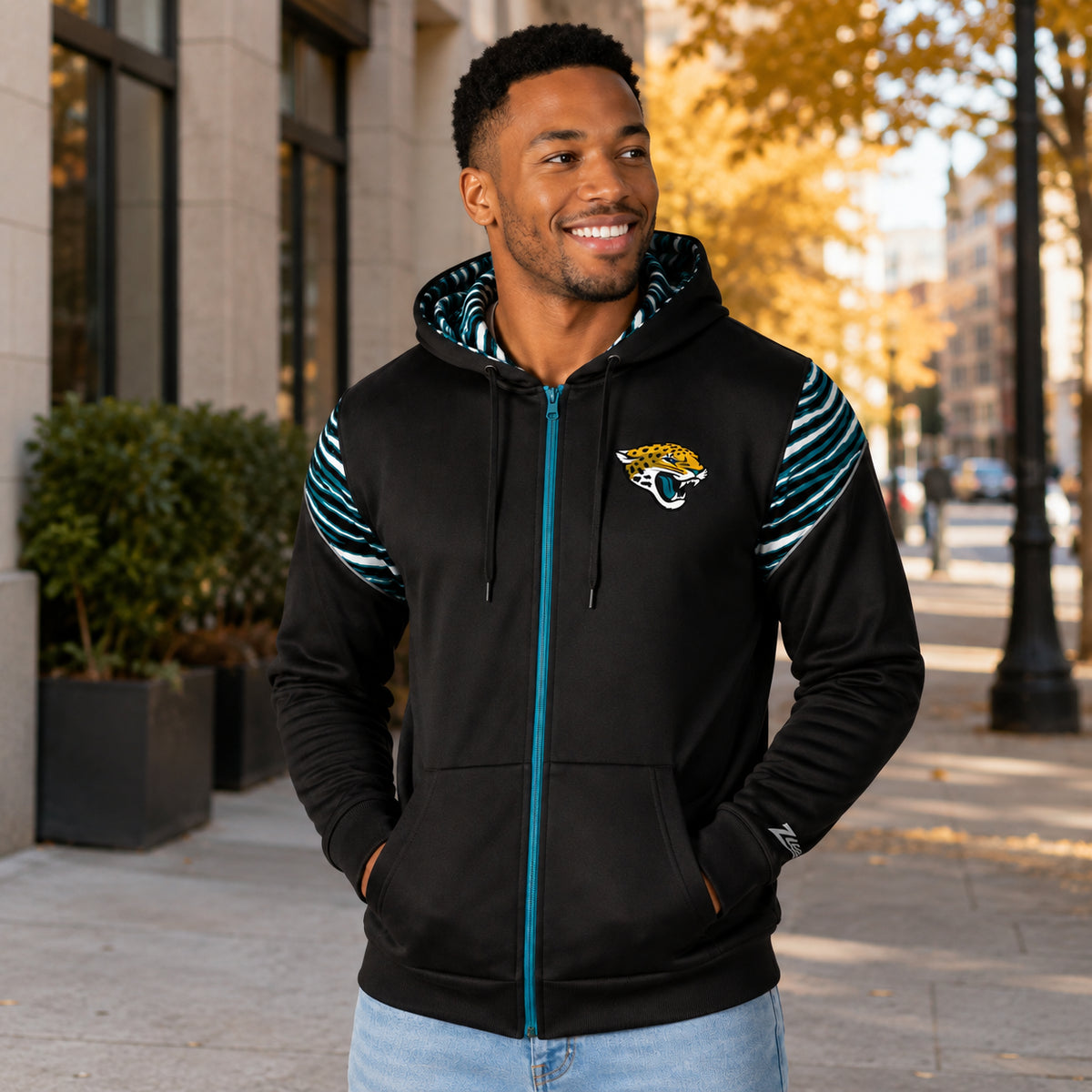 Zubaz NFL Jacksonville Jaguars Men's 3 Color Zebra Bands and Hood-Liner Play Action Full-Zip Hoodie