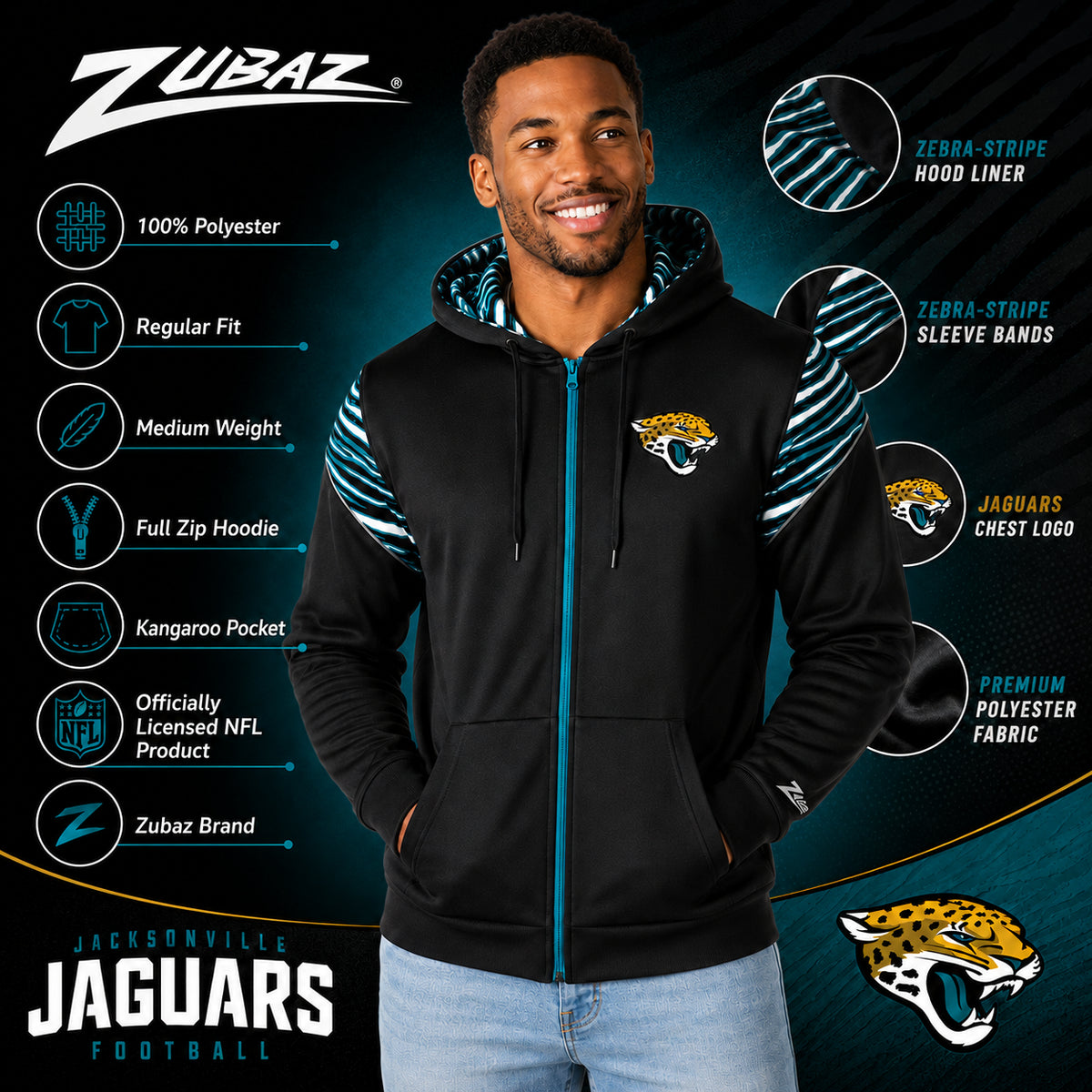 Zubaz NFL Jacksonville Jaguars Men's 3 Color Zebra Bands and Hood-Liner Play Action Full-Zip Hoodie