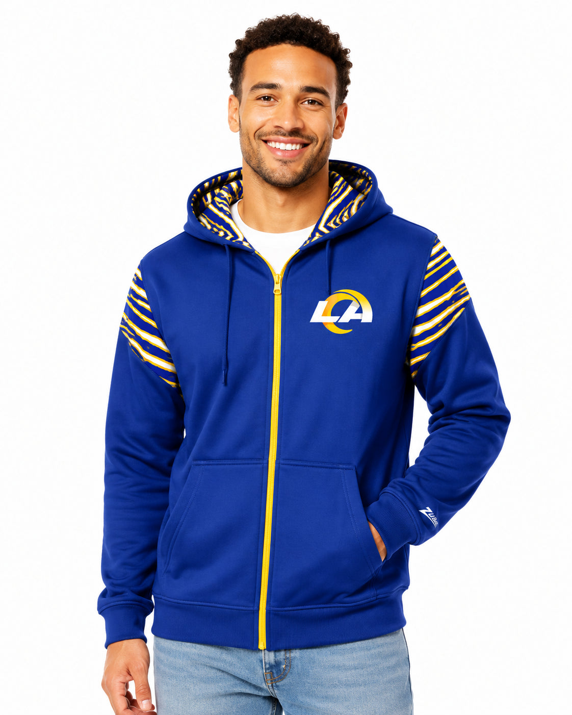Zubaz NFL Los Angeles Rams Men's 3 Color Zebra Bands and Hood-Liner Play Action Full-Zip Hoodie