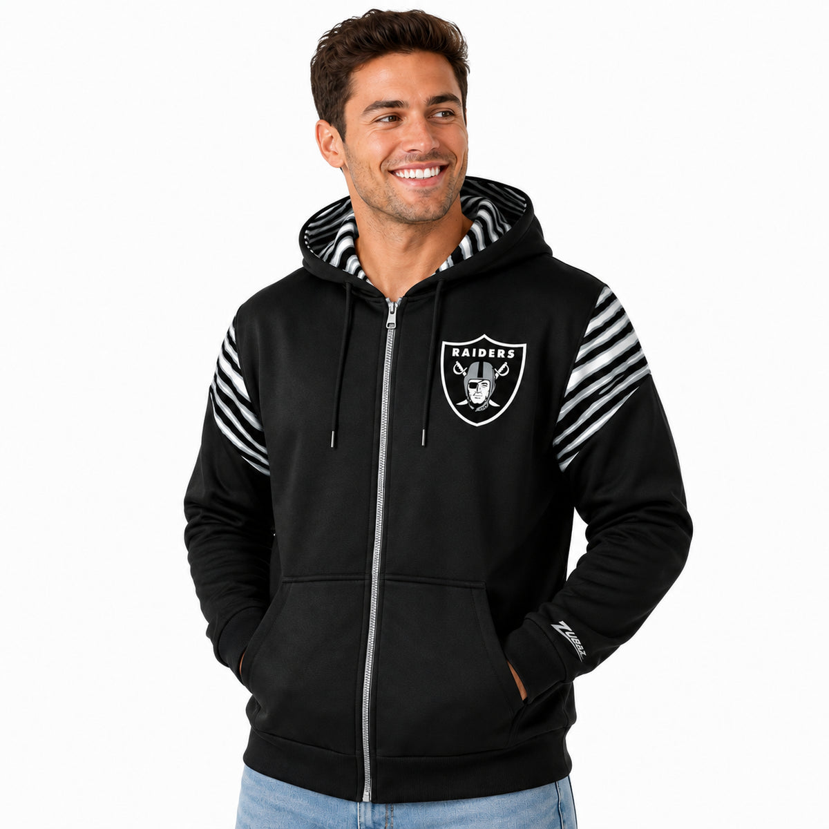 Zubaz NFL Las Vegas Raiders Men's 3 Color Zebra Bands and Hood-Liner Play Action Full-Zip Hoodie