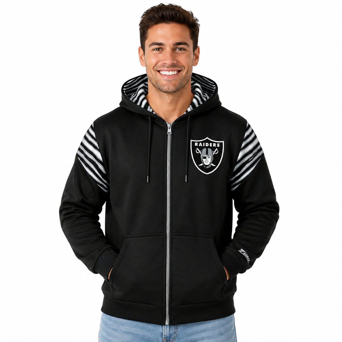 Zubaz NFL Las Vegas Raiders Men's 3 Color Zebra Bands and Hood-Liner Play Action Full-Zip Hoodie
