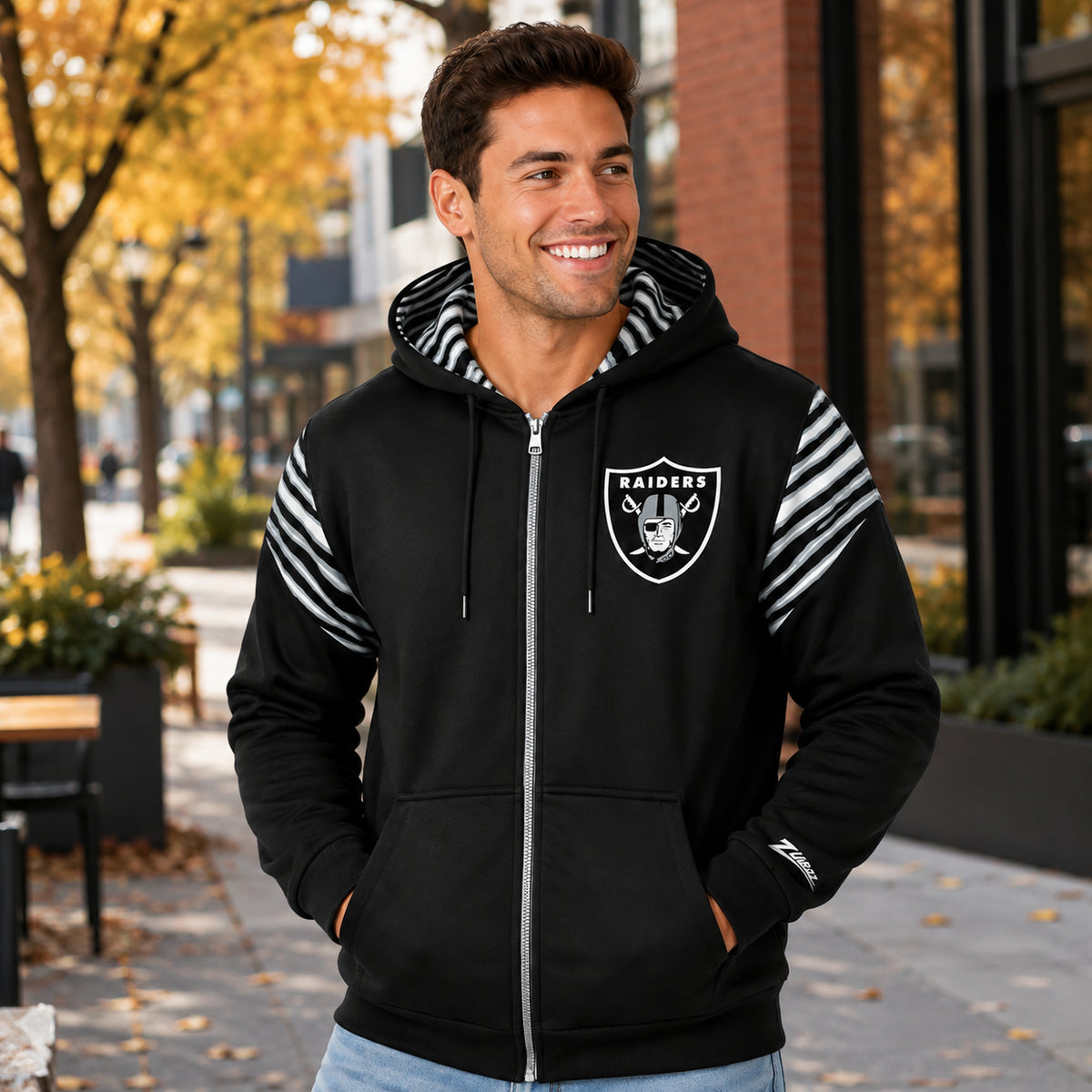 Zubaz NFL Las Vegas Raiders Men's 3 Color Zebra Bands and Hood-Liner Play Action Full-Zip Hoodie