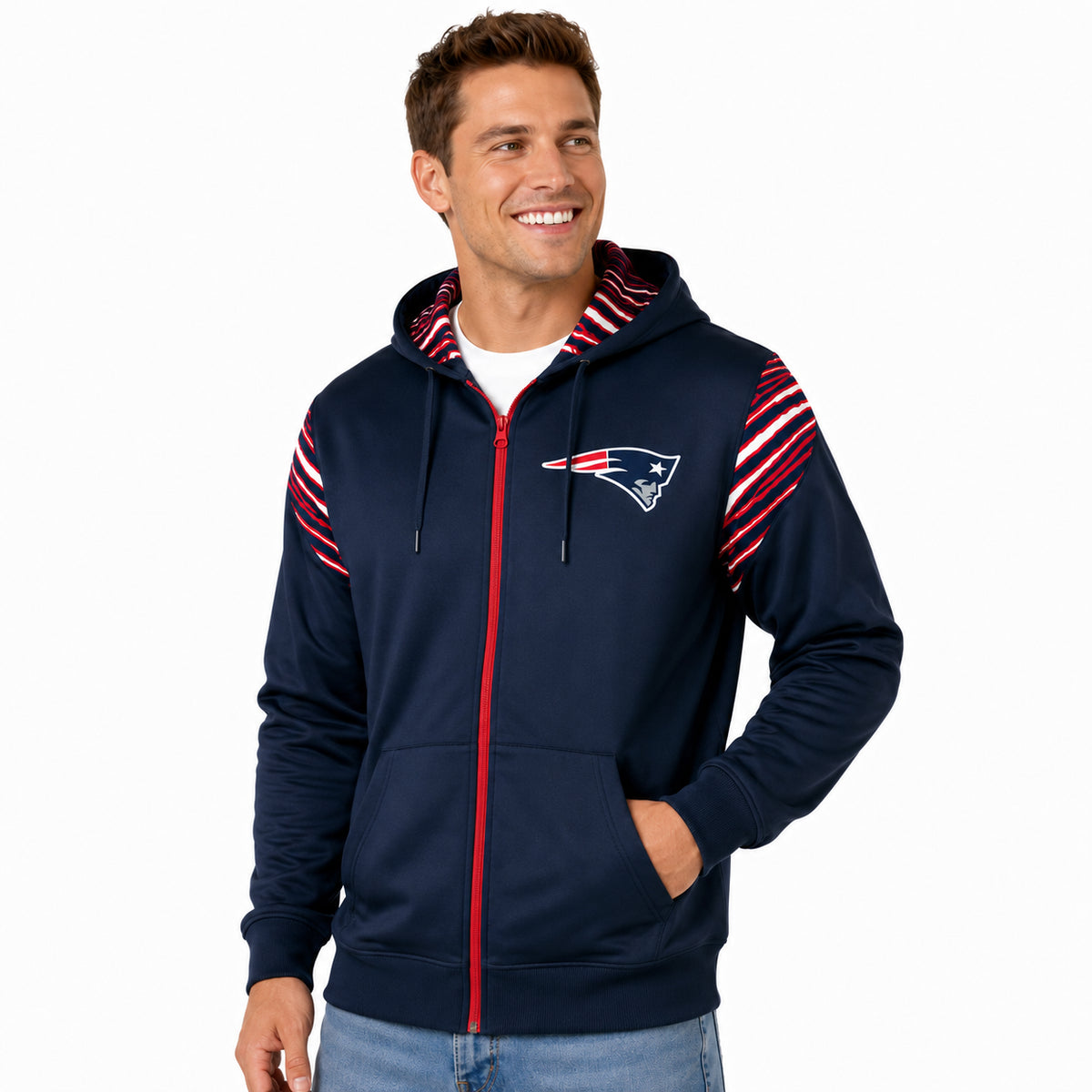 Zubaz NFL New England Patriots Men's 3 Color Zebra Bands and Hood-Liner Play Action Full-Zip Hoodie