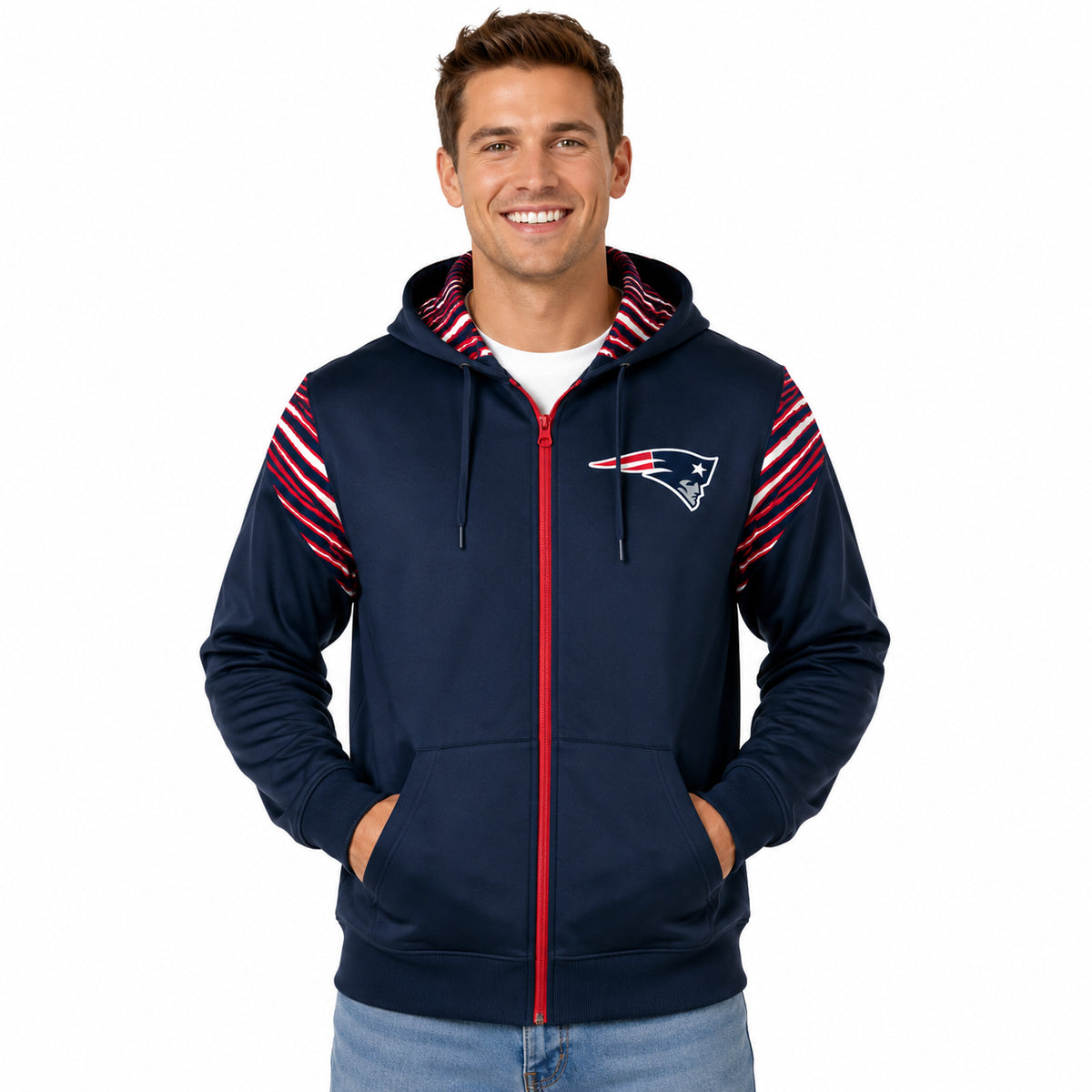 Zubaz NFL New England Patriots Men's 3 Color Zebra Bands and Hood-Liner Play Action Full-Zip Hoodie