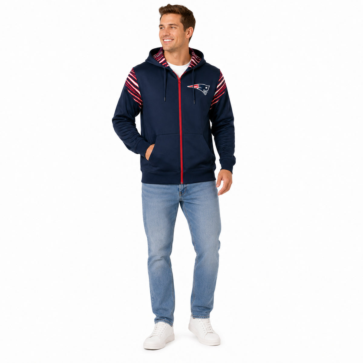 Zubaz NFL New England Patriots Men's 3 Color Zebra Bands and Hood-Liner Play Action Full-Zip Hoodie