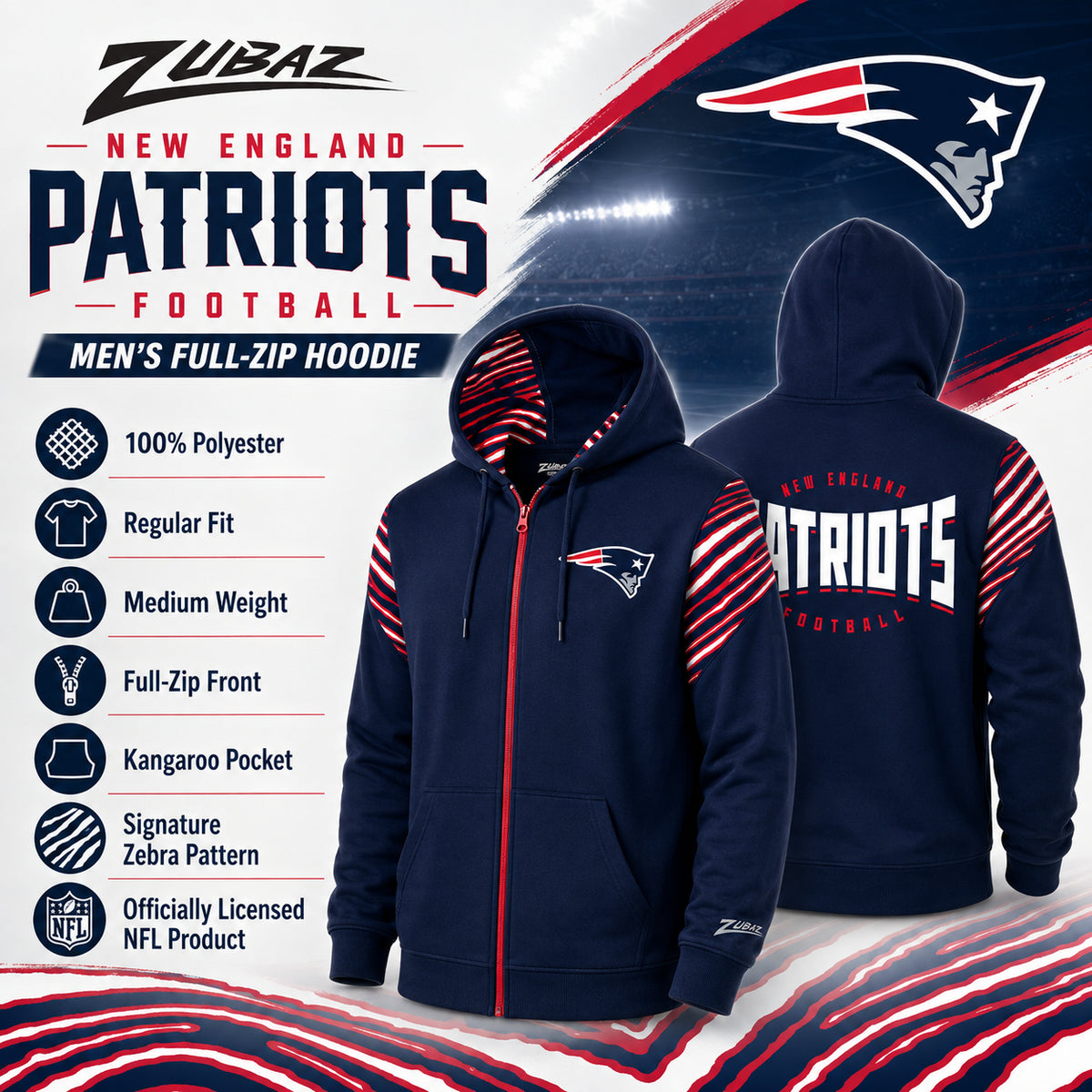 Zubaz NFL New England Patriots Men's 3 Color Zebra Bands and Hood-Liner Play Action Full-Zip Hoodie