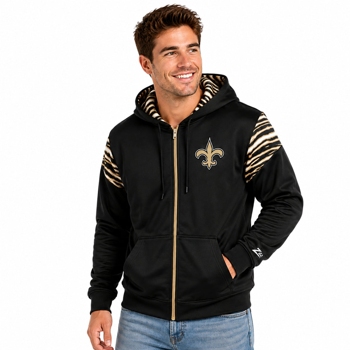 Zubaz NFL New Orleans Saints Men's 3 Color Zebra Bands and Hood-Liner Play Action Full-Zip Hoodie
