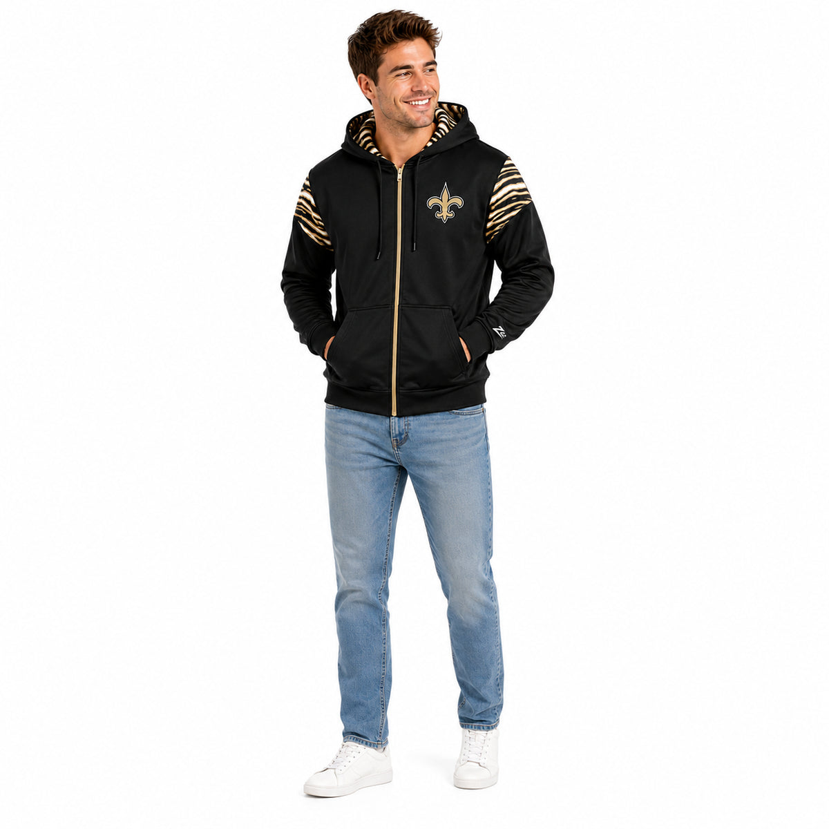 Zubaz NFL New Orleans Saints Men's 3 Color Zebra Bands and Hood-Liner Play Action Full-Zip Hoodie