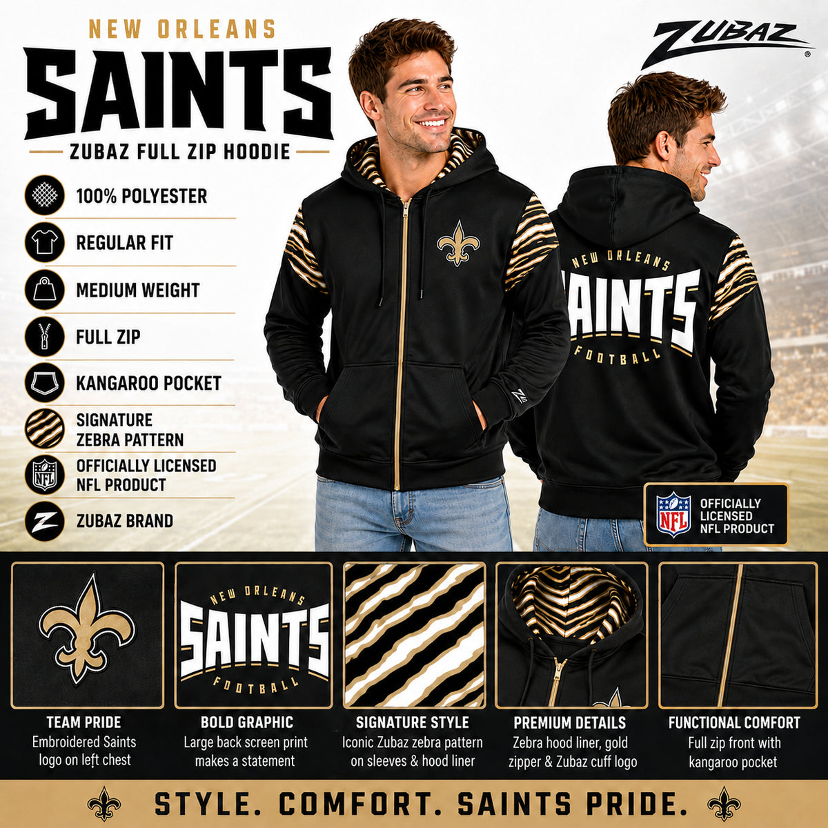 Zubaz NFL New Orleans Saints Men's 3 Color Zebra Bands and Hood-Liner Play Action Full-Zip Hoodie