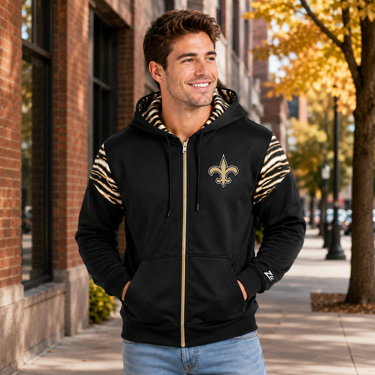 Zubaz NFL New Orleans Saints Men's 3 Color Zebra Bands and Hood-Liner Play Action Full-Zip Hoodie