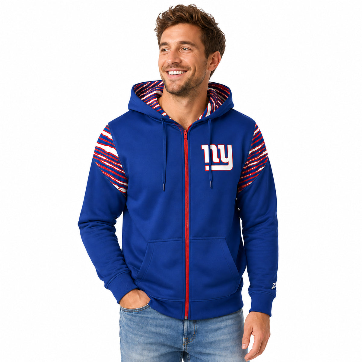 Zubaz NFL New York Giants Men's 3 Color Zebra Bands and Hood-Liner Play Action Full-Zip Hoodie