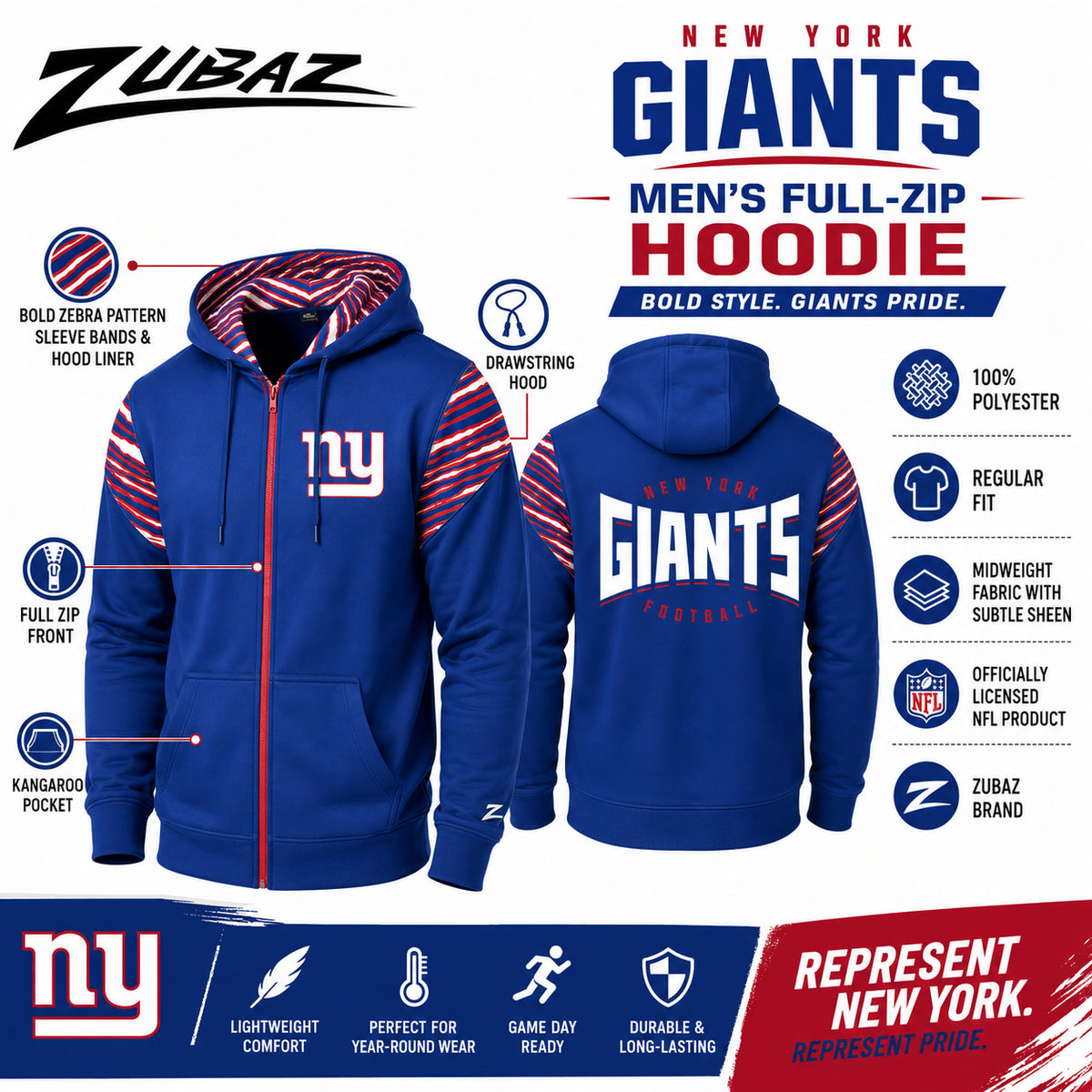 Zubaz NFL New York Giants Men's 3 Color Zebra Bands and Hood-Liner Play Action Full-Zip Hoodie
