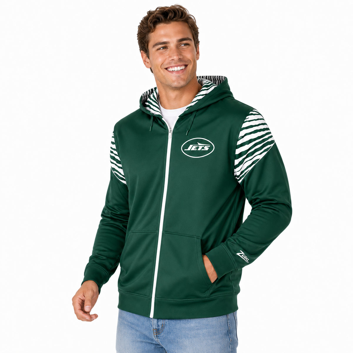 Zubaz NFL New York Jets Men's 3 Color Zebra Bands and Hood-Liner Play Action Full-Zip Hoodie
