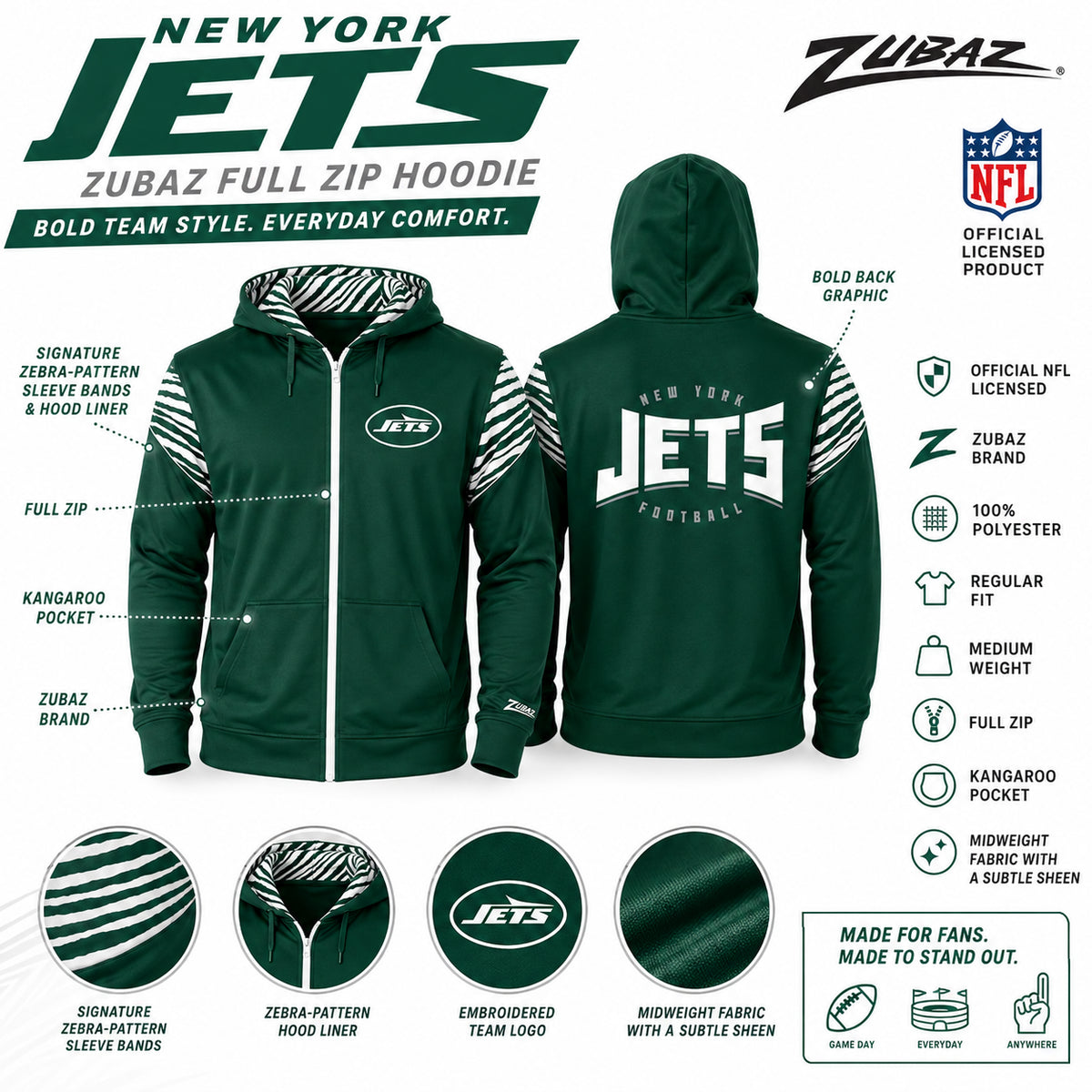 Zubaz NFL New York Jets Men's 3 Color Zebra Bands and Hood-Liner Play Action Full-Zip Hoodie
