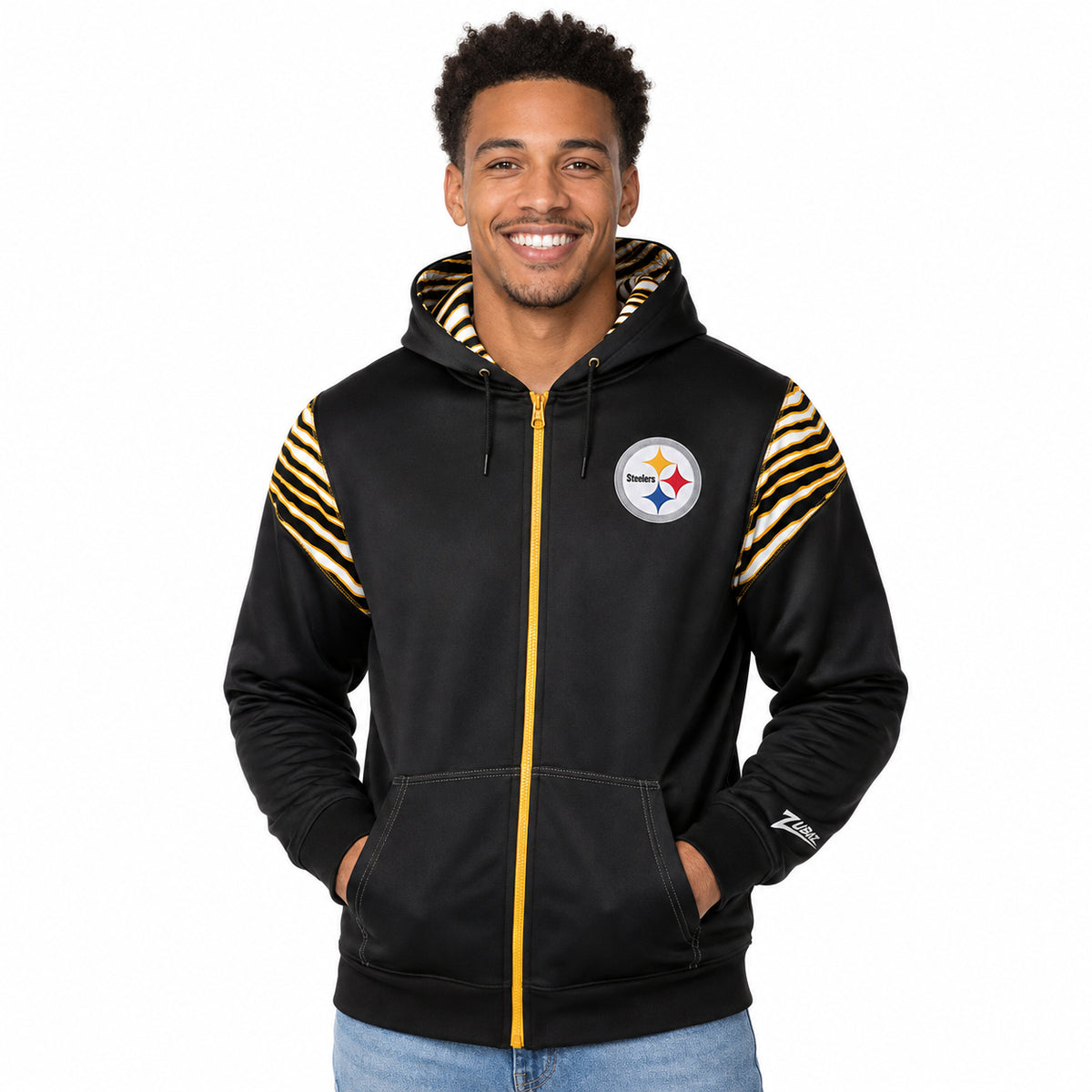 Zubaz NFL Pittsburgh Steelers Men's 3 Color Zebra Bands and Hood-Liner Play Action Full-Zip Hoodie