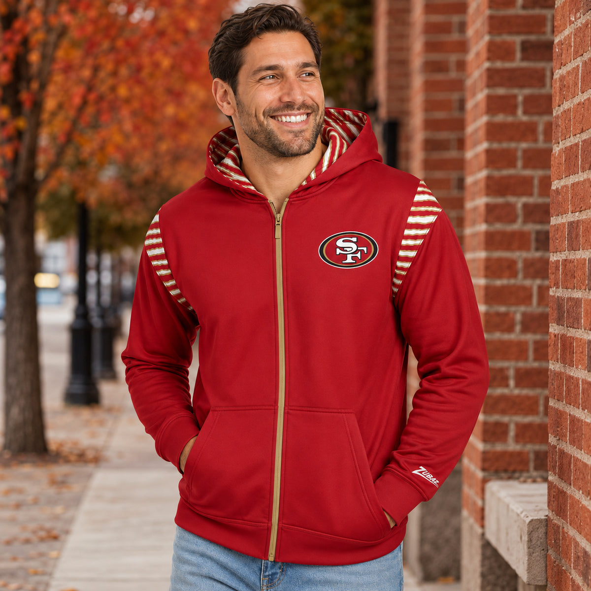 Zubaz NFL San Francisco 49ers Men's 3 Color Zebra Bands and Hood-Liner Play Action Full-Zip Hoodie