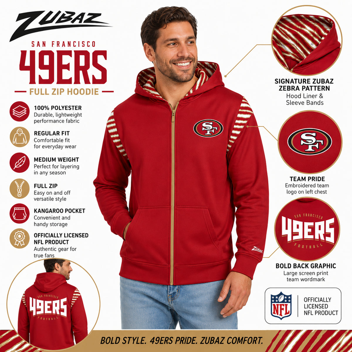 Zubaz NFL San Francisco 49ers Men's 3 Color Zebra Bands and Hood-Liner Play Action Full-Zip Hoodie