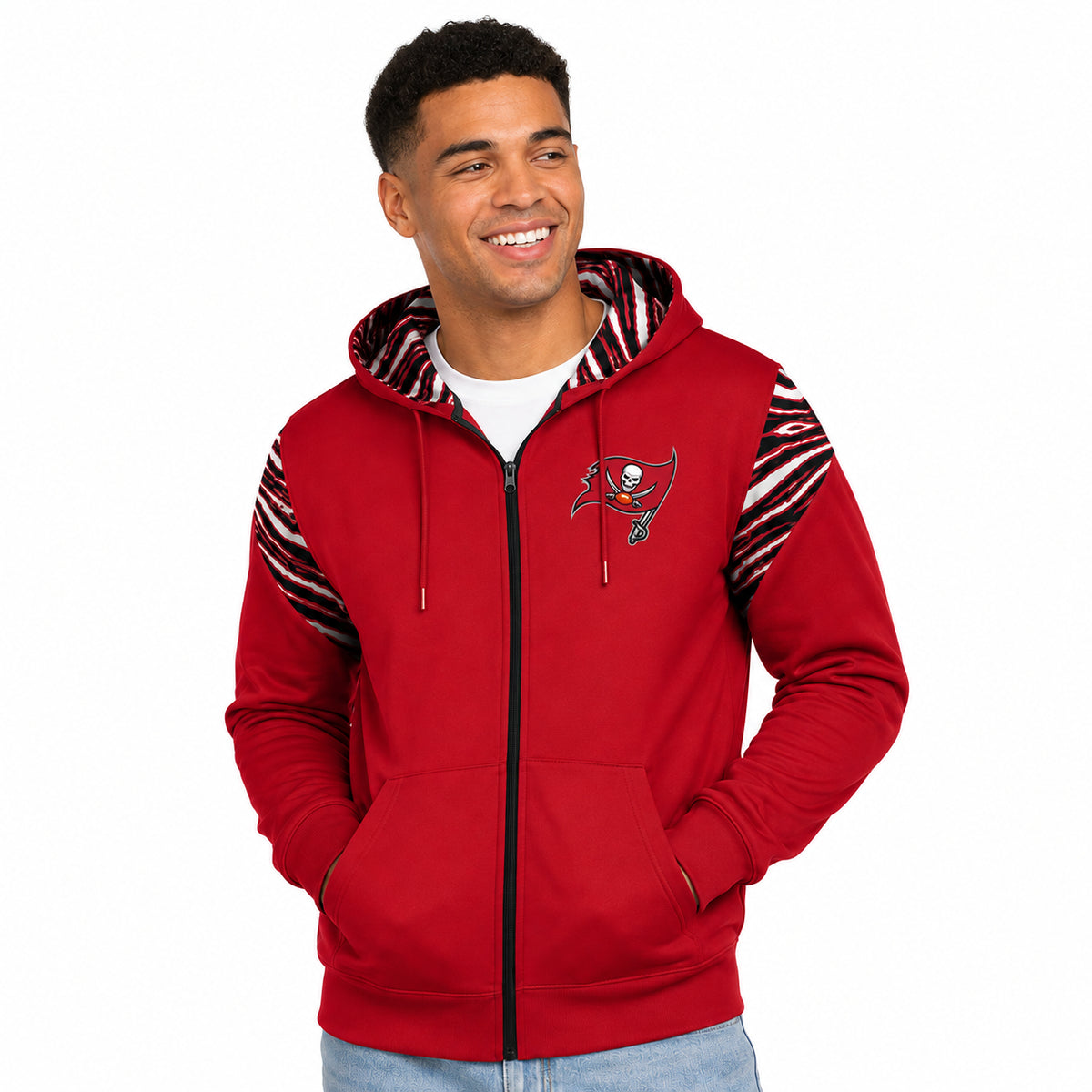 Zubaz NFL Tampa Bay Buccaneers Men's 3 Color Zebra Bands and Hood-Liner Play Action Full-Zip Hoodie