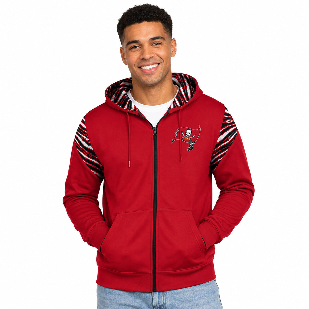 Zubaz NFL Tampa Bay Buccaneers Men's 3 Color Zebra Bands and Hood-Liner Play Action Full-Zip Hoodie