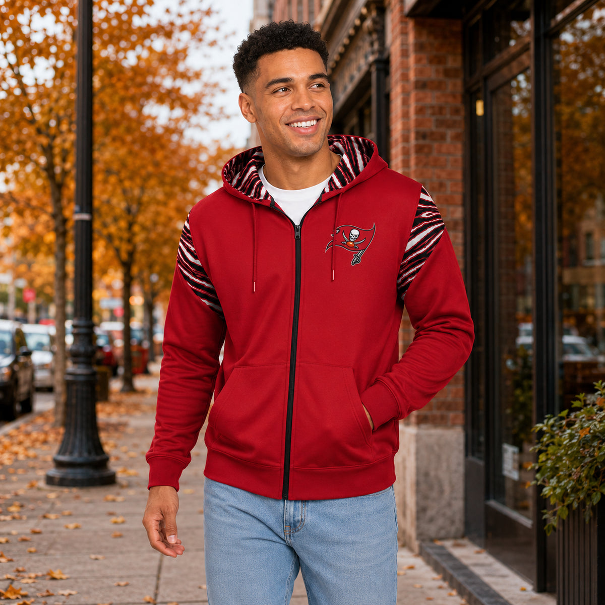 Zubaz NFL Tampa Bay Buccaneers Men's 3 Color Zebra Bands and Hood-Liner Play Action Full-Zip Hoodie