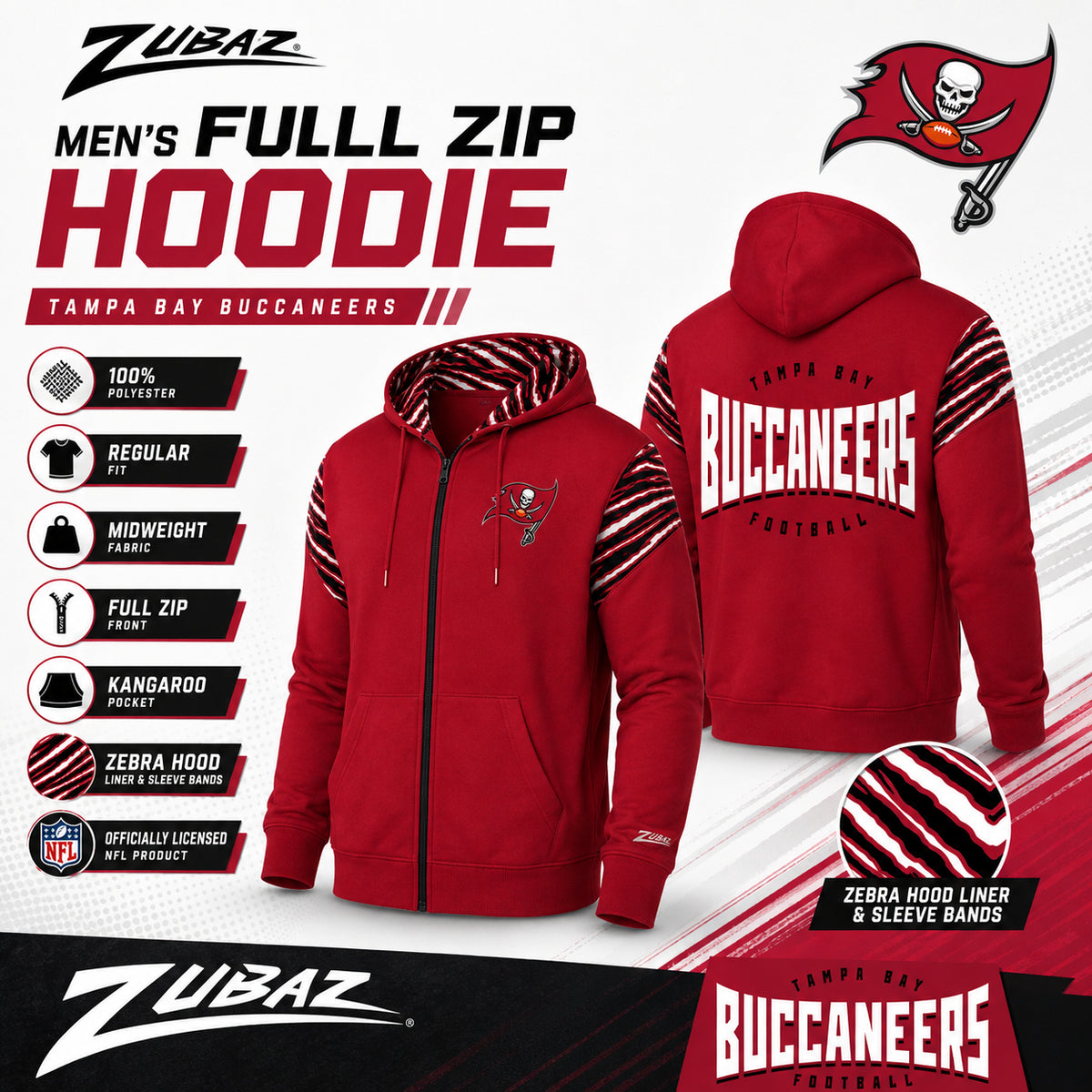 Zubaz NFL Tampa Bay Buccaneers Men's 3 Color Zebra Bands and Hood-Liner Play Action Full-Zip Hoodie