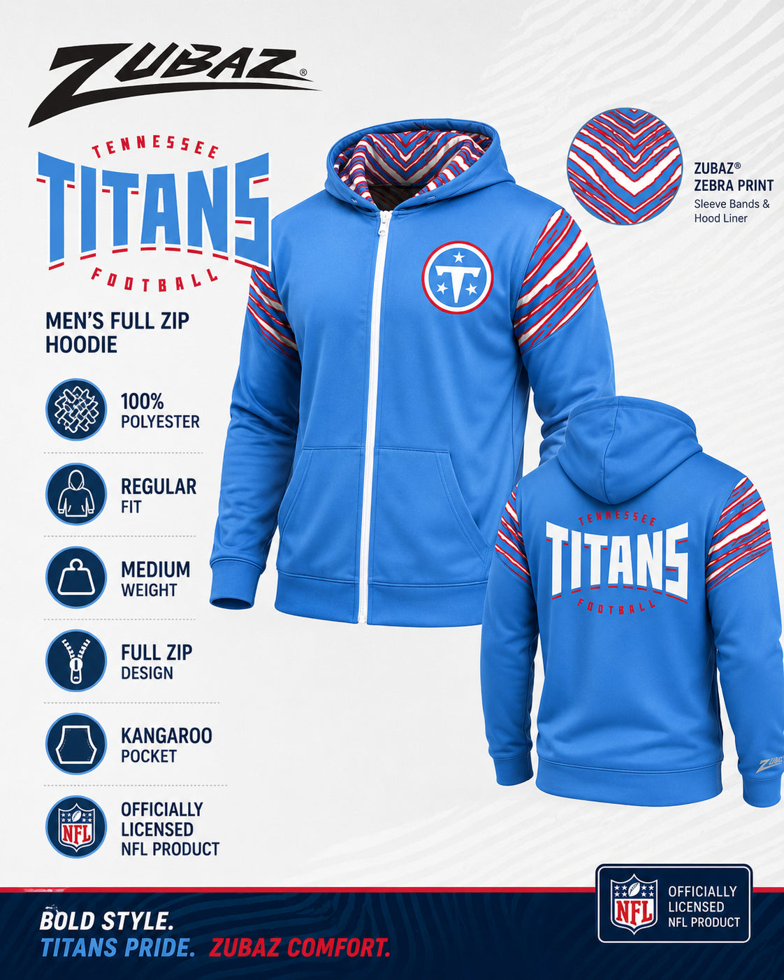 Zubaz NFL Tennessee Titans Men's 3 Color Zebra Bands and Hood-Liner Play Action Full-Zip Hoodie