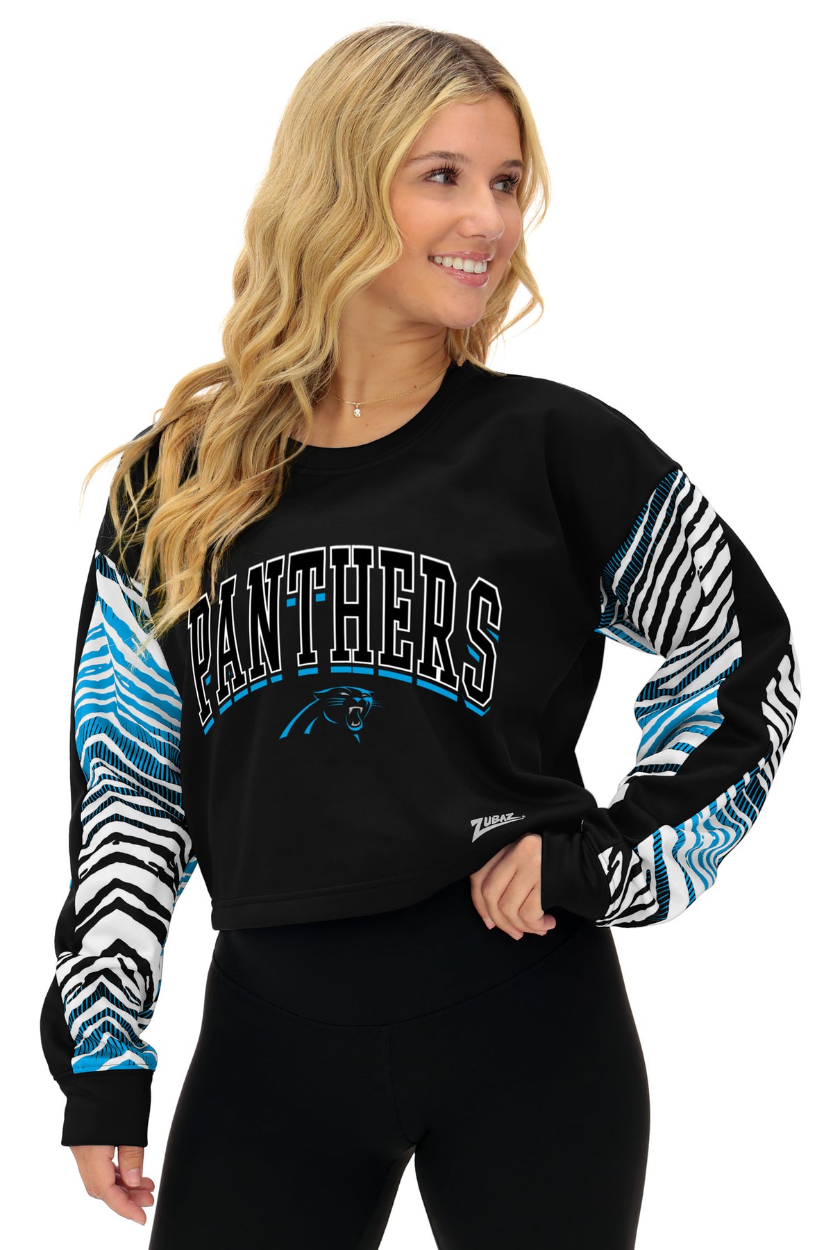 Zubaz NFL Carolina Panthers Women's Zebra Ombre-Sleeve Classic Arch Crop Top
