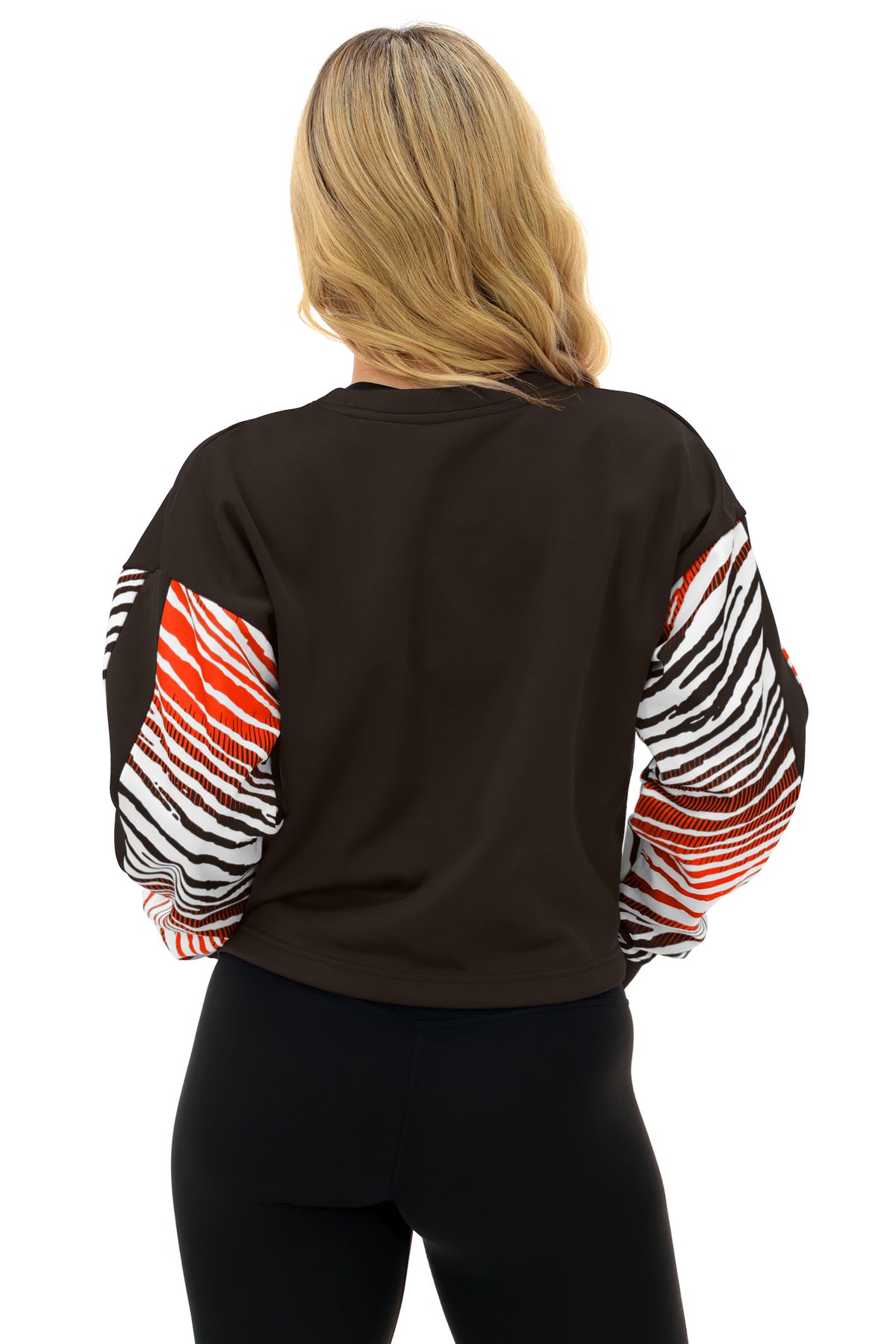 Zubaz NFL Cleveland Browns Women's Zebra Ombre-Sleeve Classic Arch Crop Top