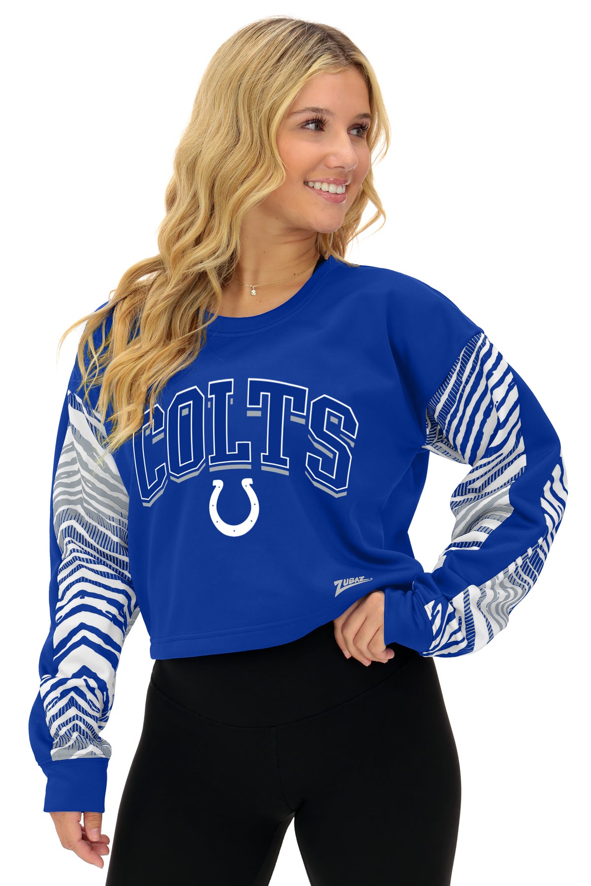 Zubaz NFL Indianapolis Colts Women's Zebra Ombre-Sleeve Classic Arch Crop Top