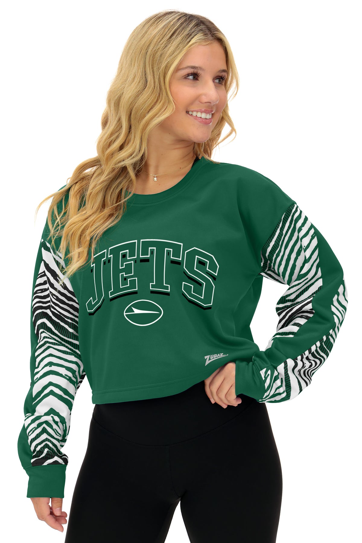 Zubaz NFL New York Jets Women's Zebra Ombre-Sleeve Classic Arch Crop Top