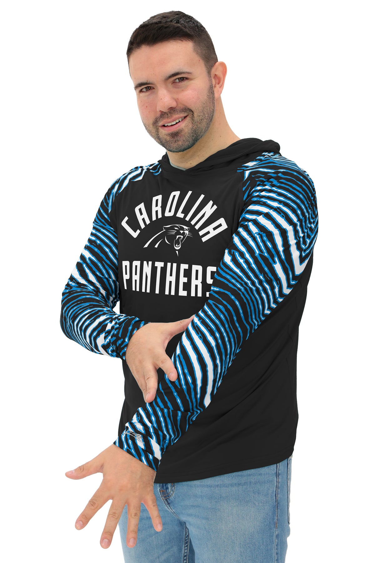Zubaz NFL Carolina Panthers Men's Formation 3 Color Zebra Sleeves Lightweight Hoodie