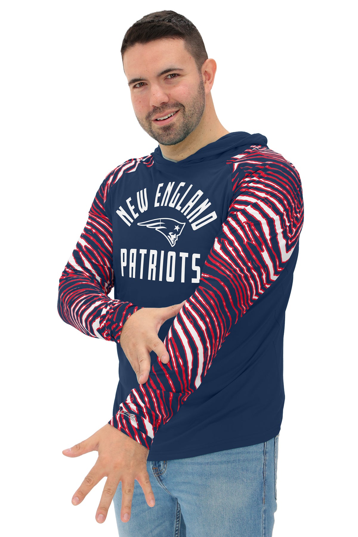 Zubaz NFL New England Patriots Men's Formation 3 Color Zebra Sleeves Lightweight Hoodie