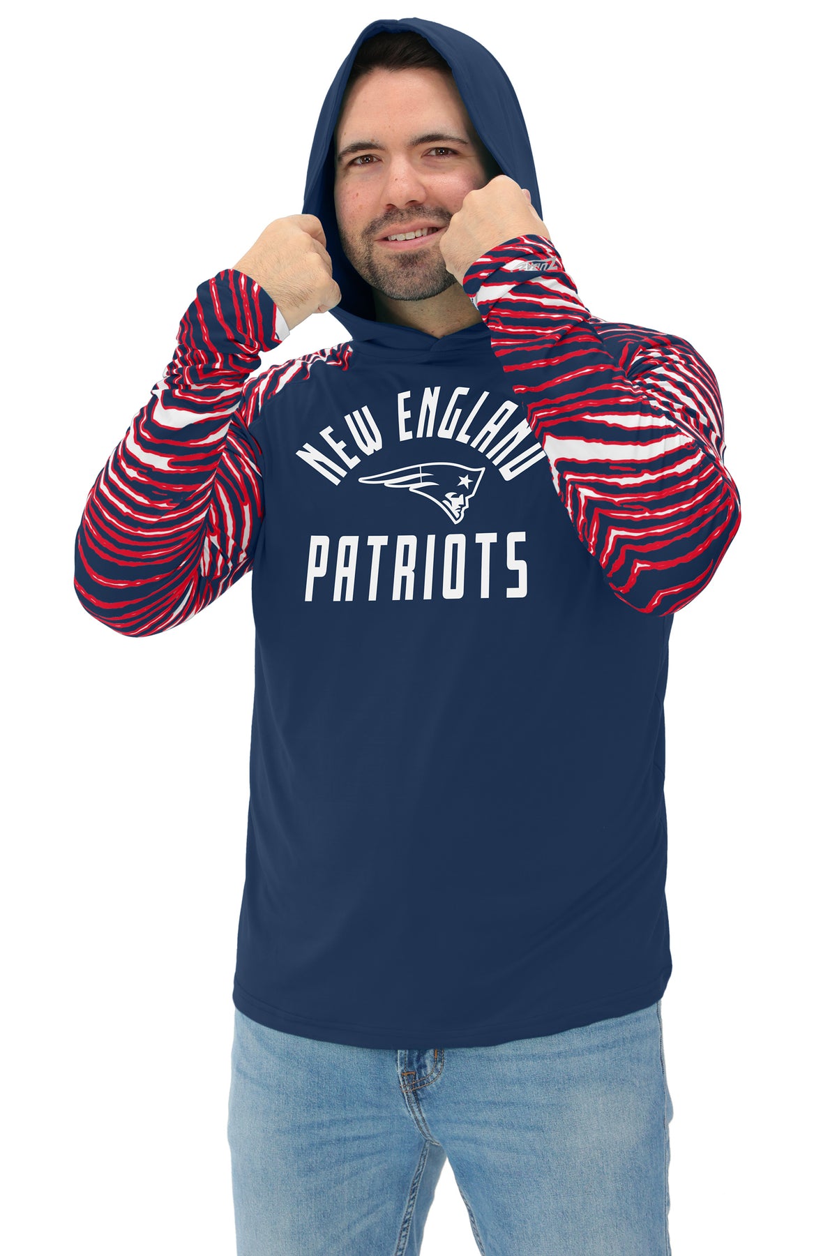 Zubaz NFL New England Patriots Men's Formation 3 Color Zebra Sleeves Lightweight Hoodie