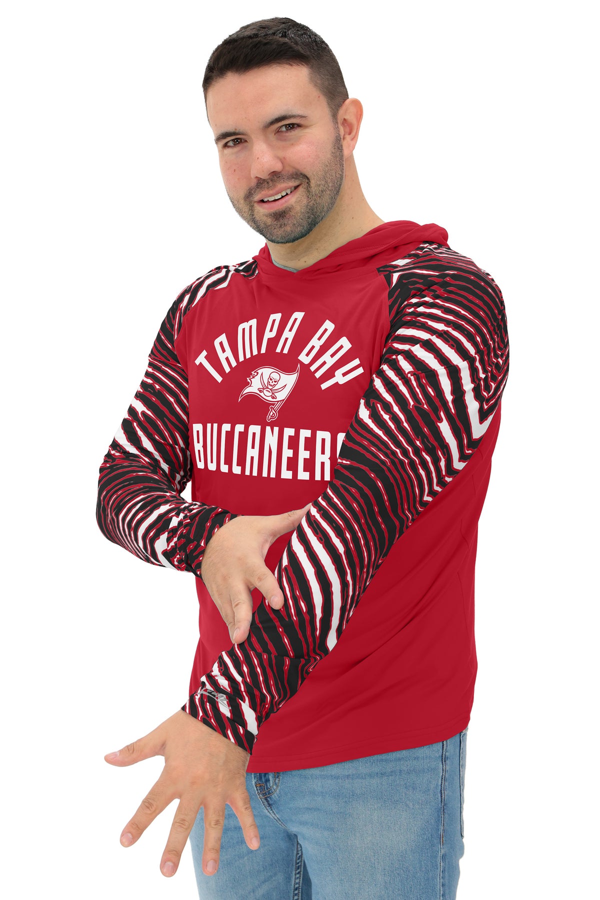 Zubaz NFL Tampa Bay Buccaneers Men's Formation 3 Color Zebra Sleeves Lightweight Hoodie