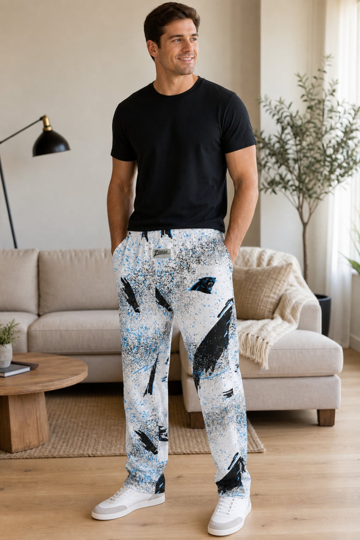Zubaz NFL Carolina Panthers Adult Unisex 3 Color Confetti Z88 Screen Print Pants