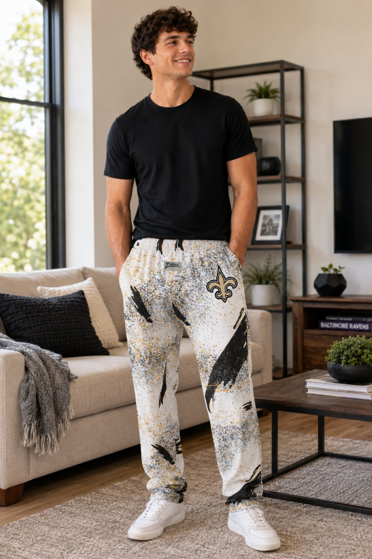 Zubaz NFL New Orleans Saints Adult Unisex 3 Color Confetti Z88 Screen Print Pants