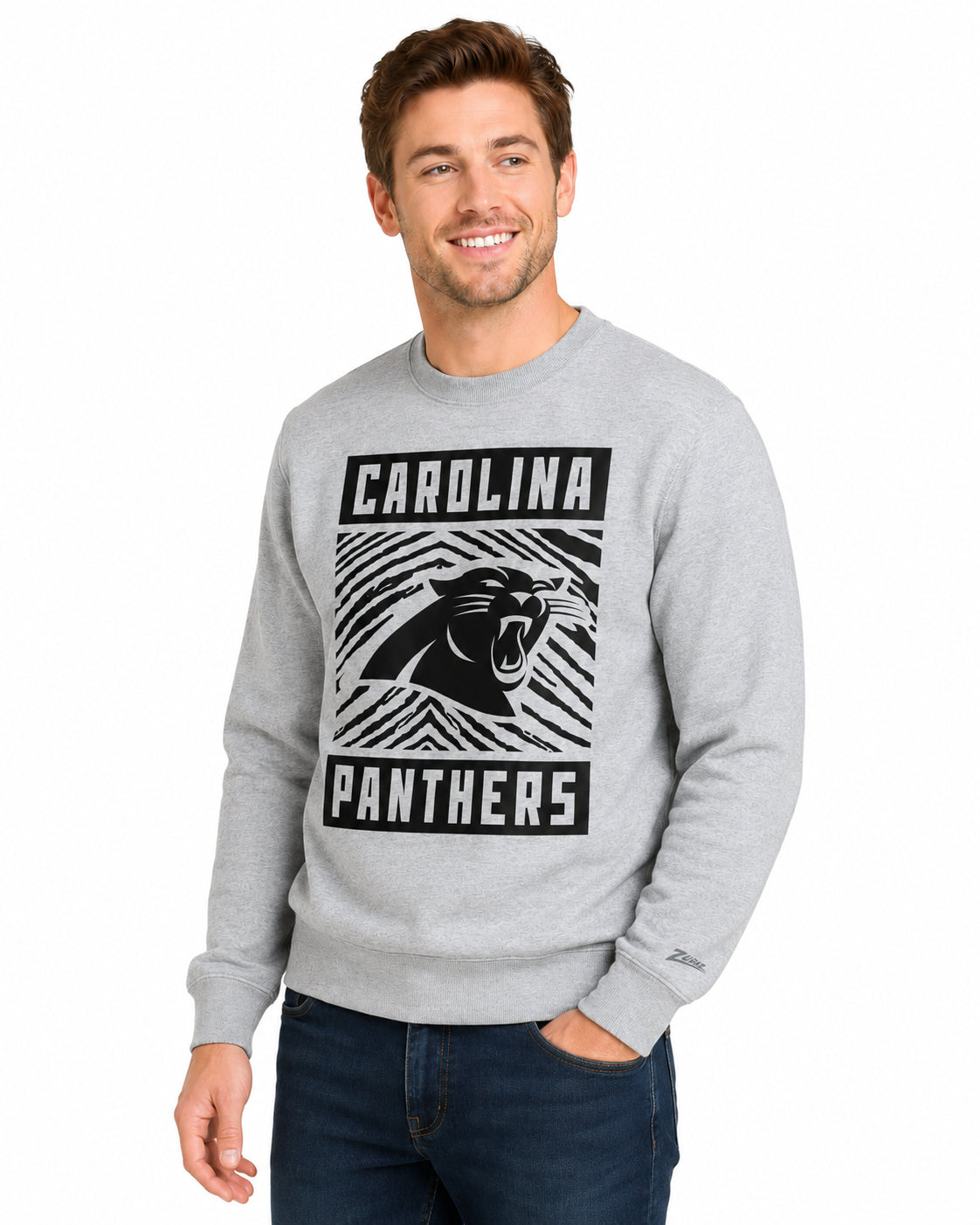 Zubaz NFL Carolina Panthers Men's Gridiron Zebra 2 Color Heather Gray Crewneck Sweatshirt