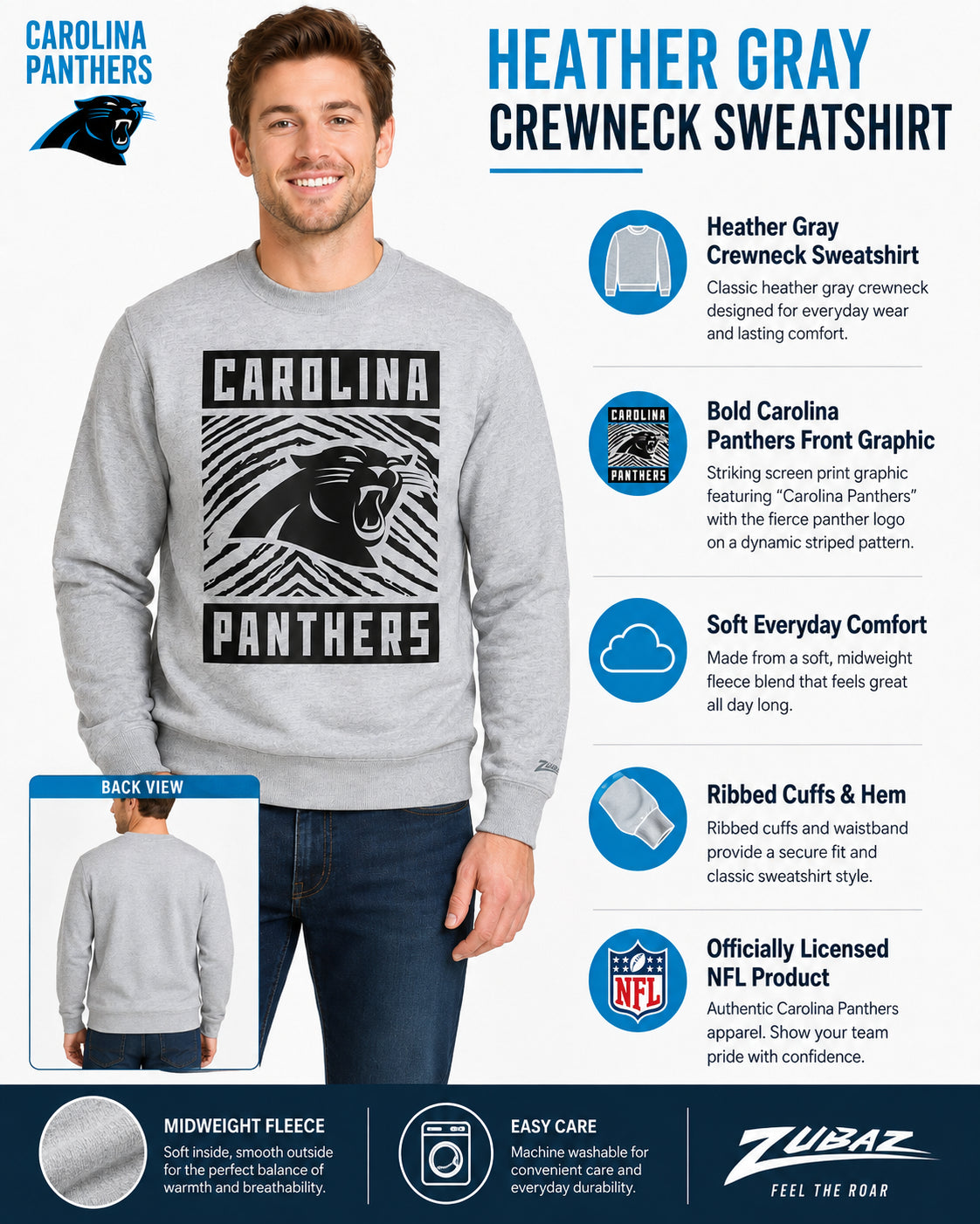 Zubaz NFL Carolina Panthers Men's Gridiron Zebra 2 Color Heather Gray Crewneck Sweatshirt