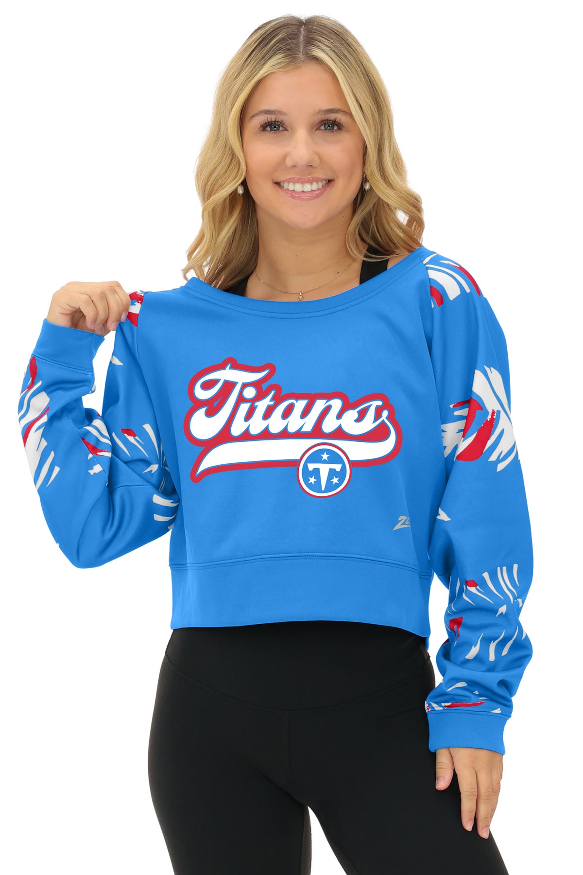 Zubaz NFL Tennessee Titans Women's 3 Color Leaf Script Boatneck Raglan Crew