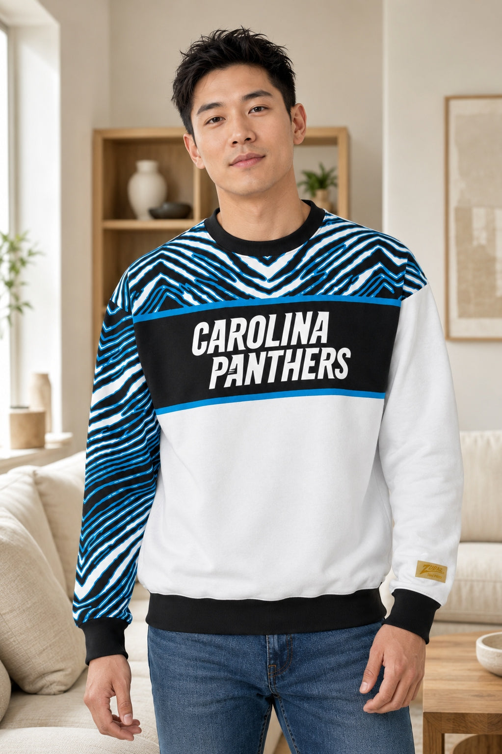 Zubaz NFL Men's & Women's 90s Strong Arm Crew, Carolina Panthers