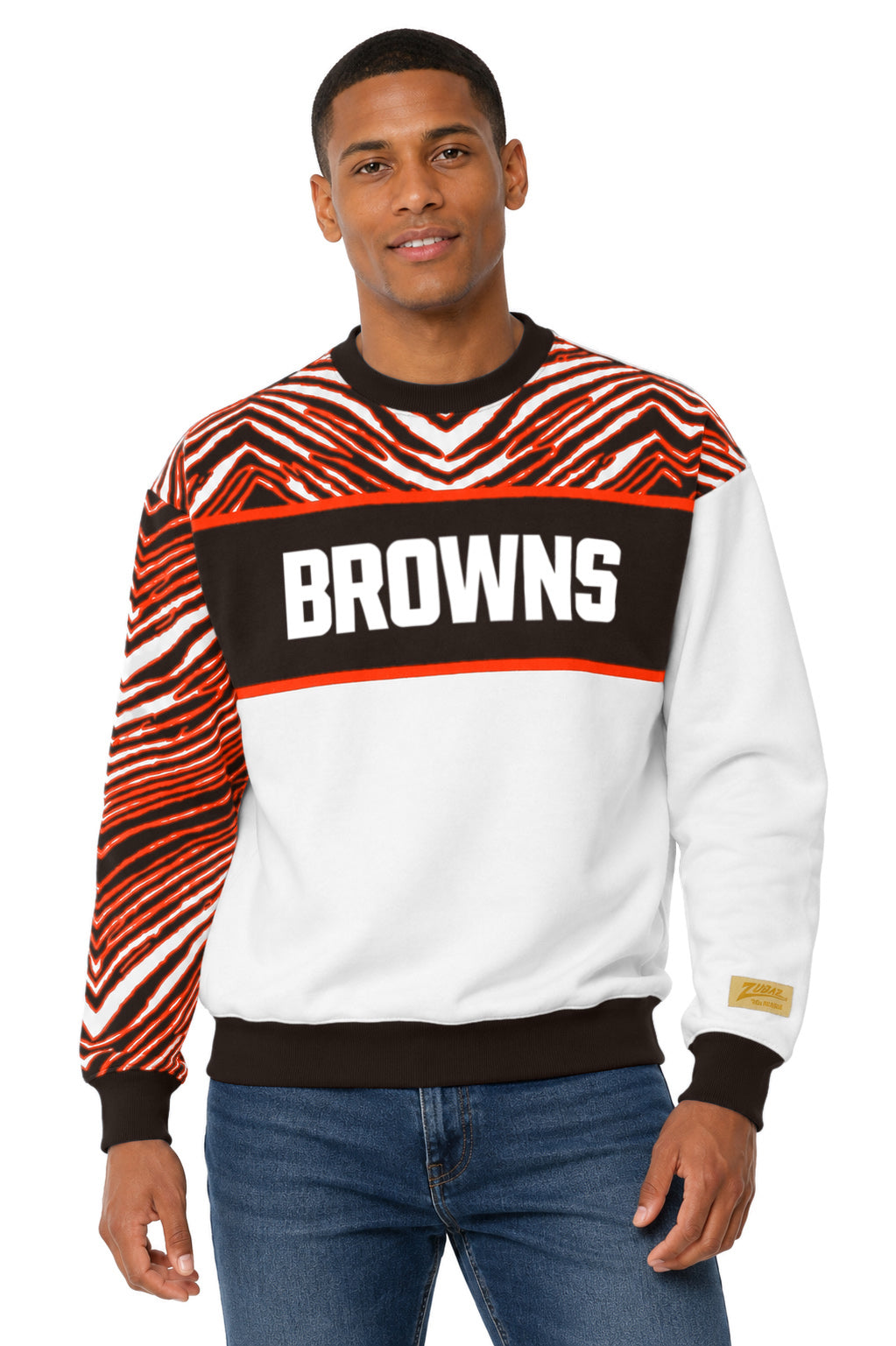 Zubaz NFL Cleveland Browns Unisex White 3 Color Zebra 90s Vintage Strong Arm Crewneck Sweatshirt