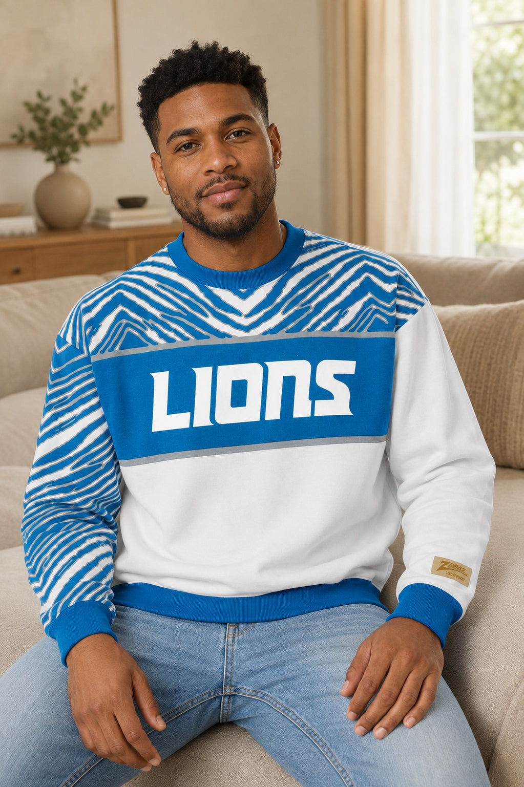 Zubaz NFL Men's & Women's 90s Strong Arm Crew, Detroit Lions