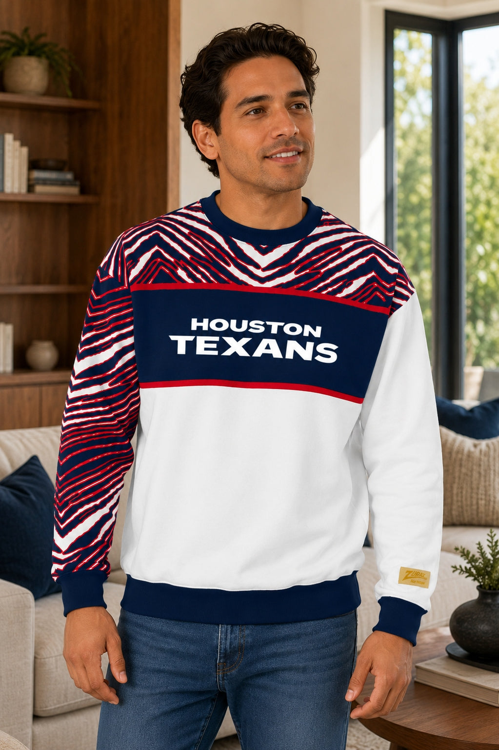 Zubaz NFL Men's & Women's 90s Strong Arm Crew, Houston Texans