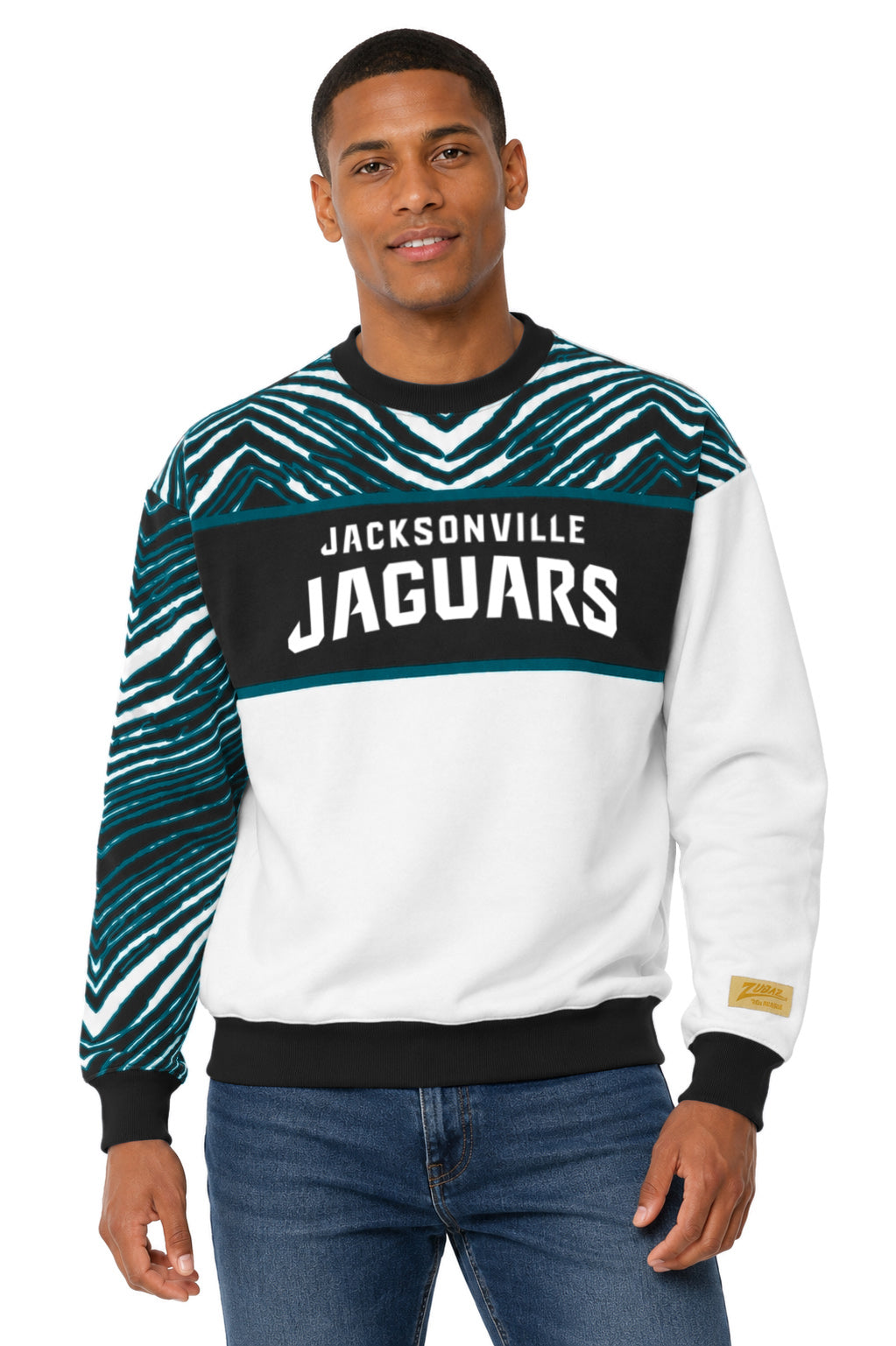 Zubaz NFL Jacksonville Jaguars Unisex White 3 Color Zebra 90s Vintage Strong Arm Crewneck Sweatshirt