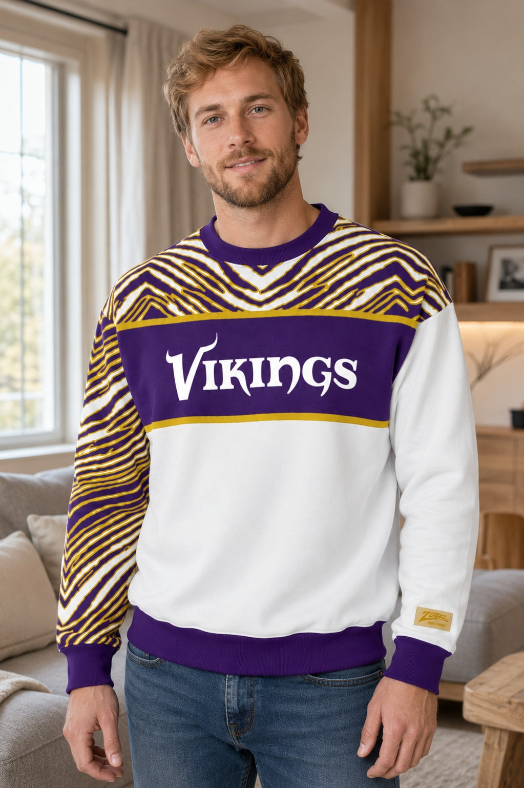 Zubaz NFL Men's & Women's 90s Strong Arm Crew, Minnesota Vikings