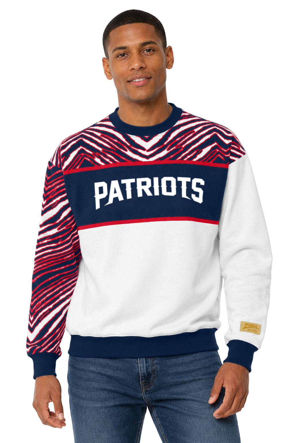 Zubaz NFL New England Patriots Unisex White 3 Color Zebra 90s Vintage Strong Arm Crewneck Sweatshirt