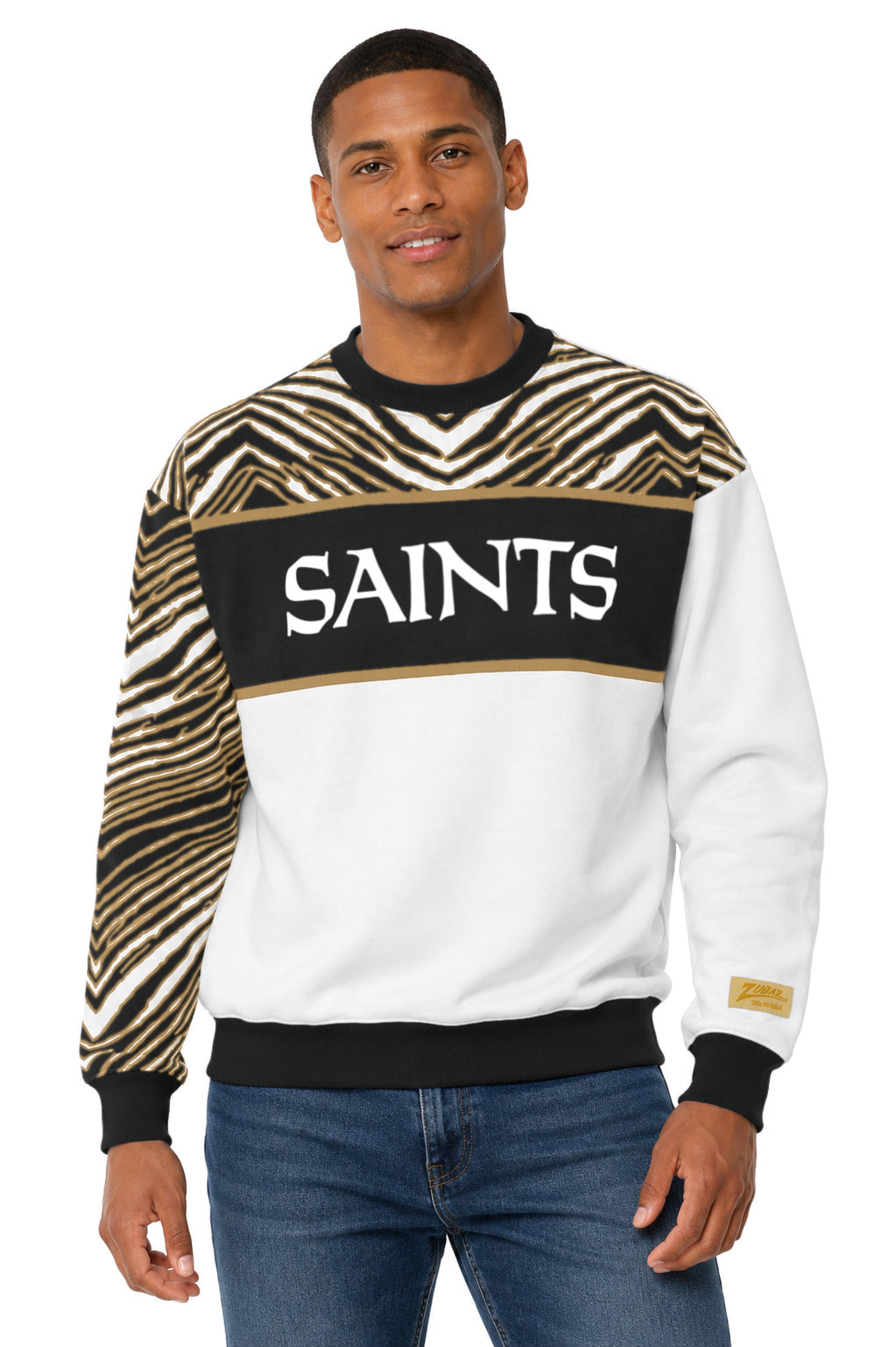 Zubaz NFL New Orleans Saints Unisex White 3 Color Zebra 90s Vintage Strong Arm Crewneck Sweatshirt