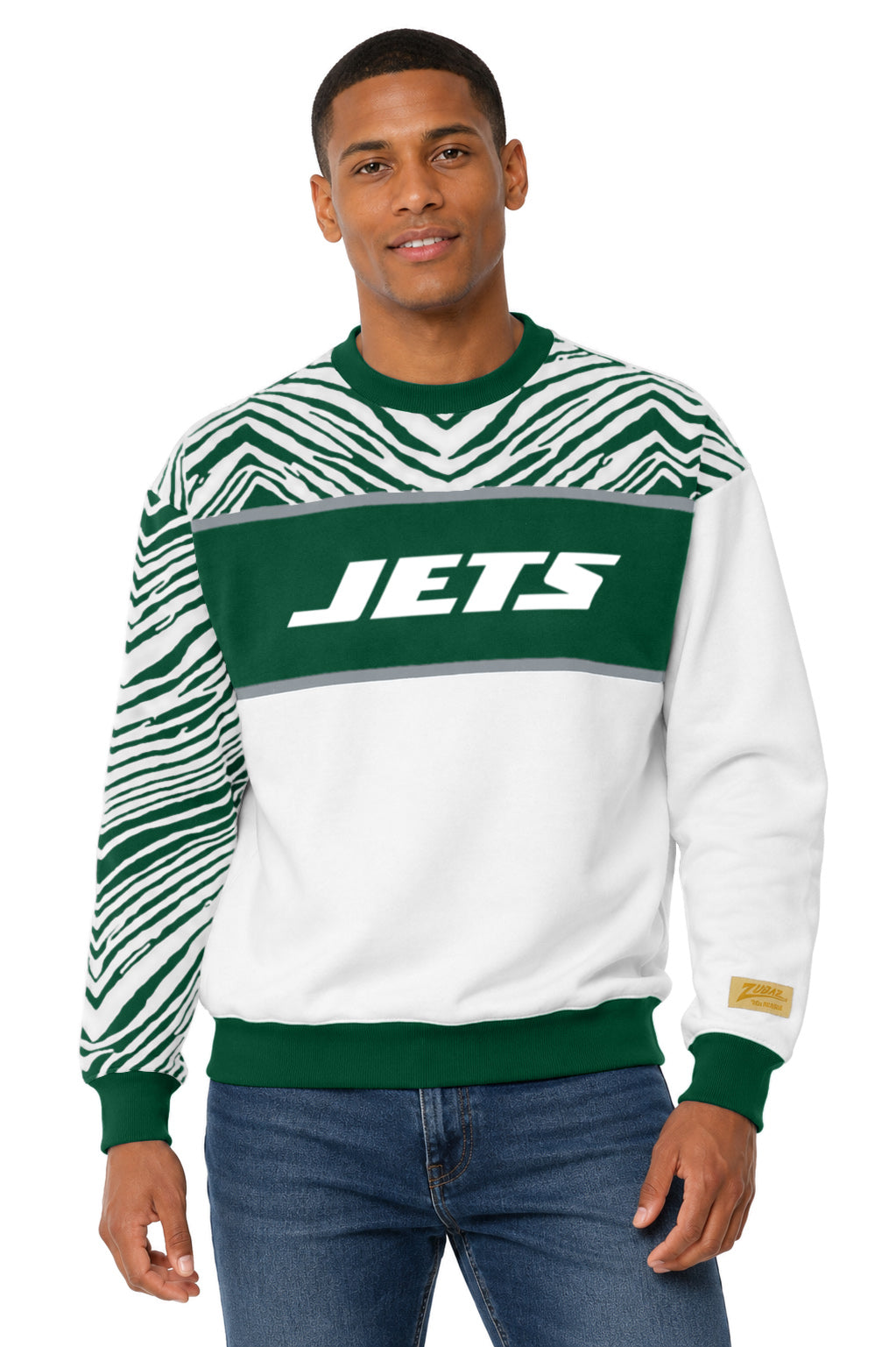 Zubaz NFL New York Jets Unisex White 3 Color Zebra 90s Vintage Strong Arm Crewneck Sweatshirt
